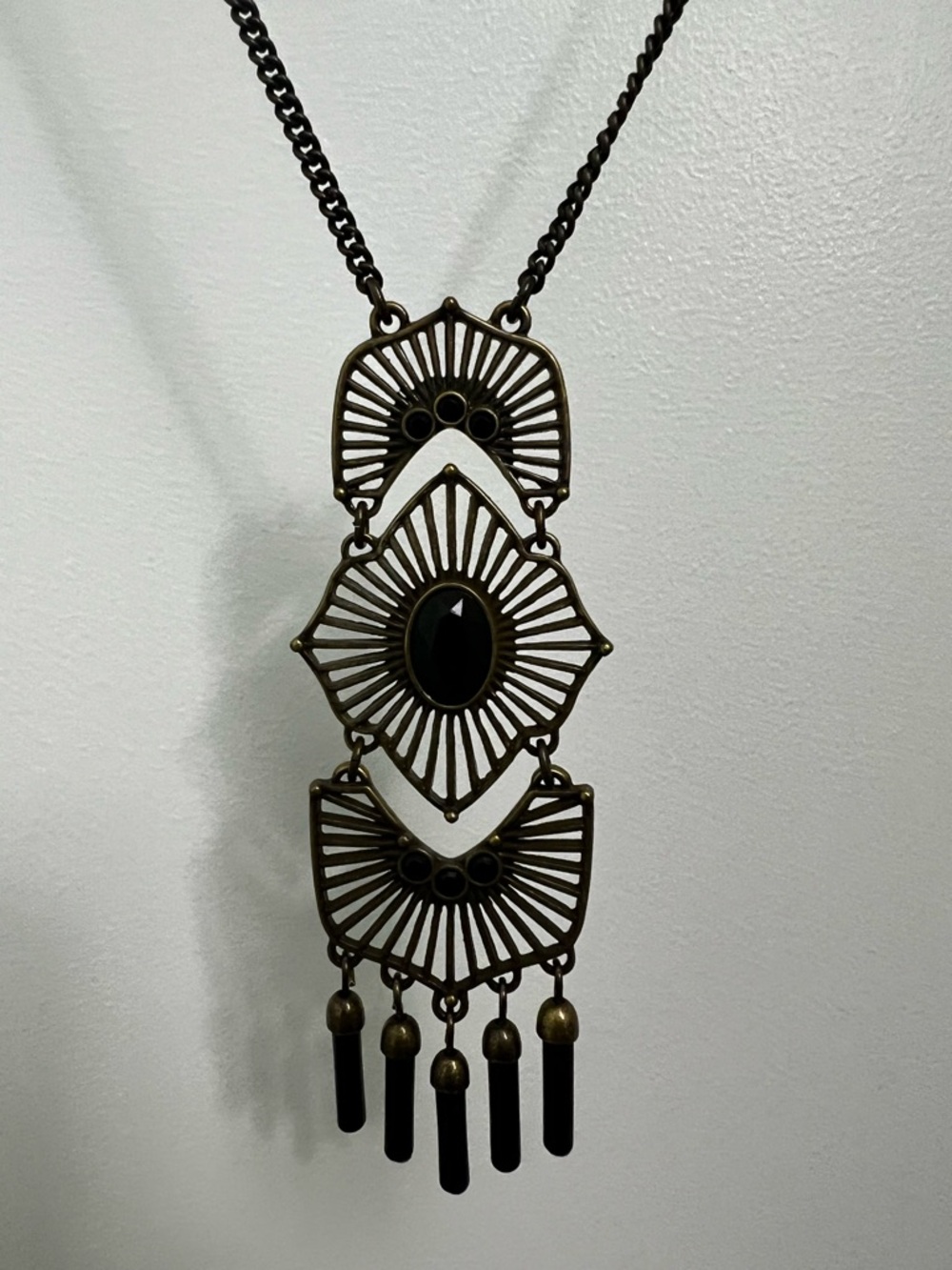 Lia Sophia Bronze-Tone Filigree Pendant Necklace with Black Stones
